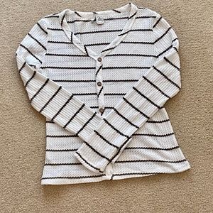 white striped button knit top